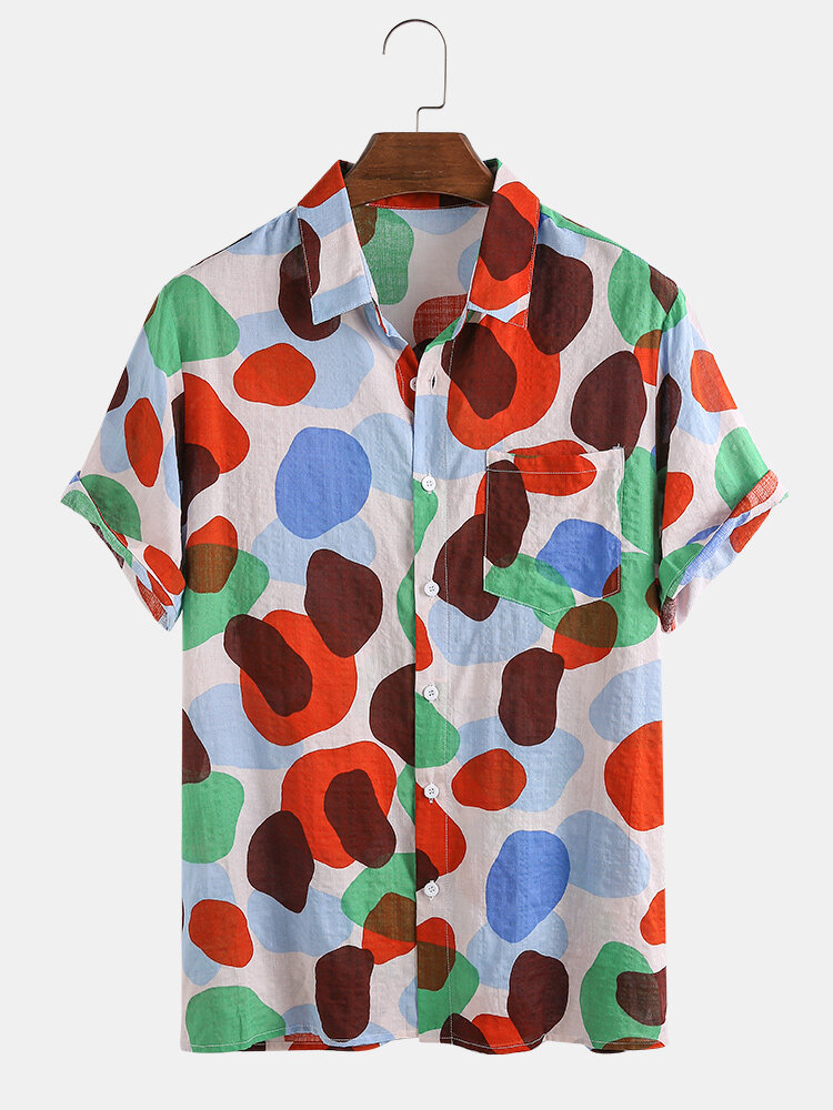 Mens Cotton Multi-Color Irregular Polka Dot Camouflage Printed Short Sleeve Shirt