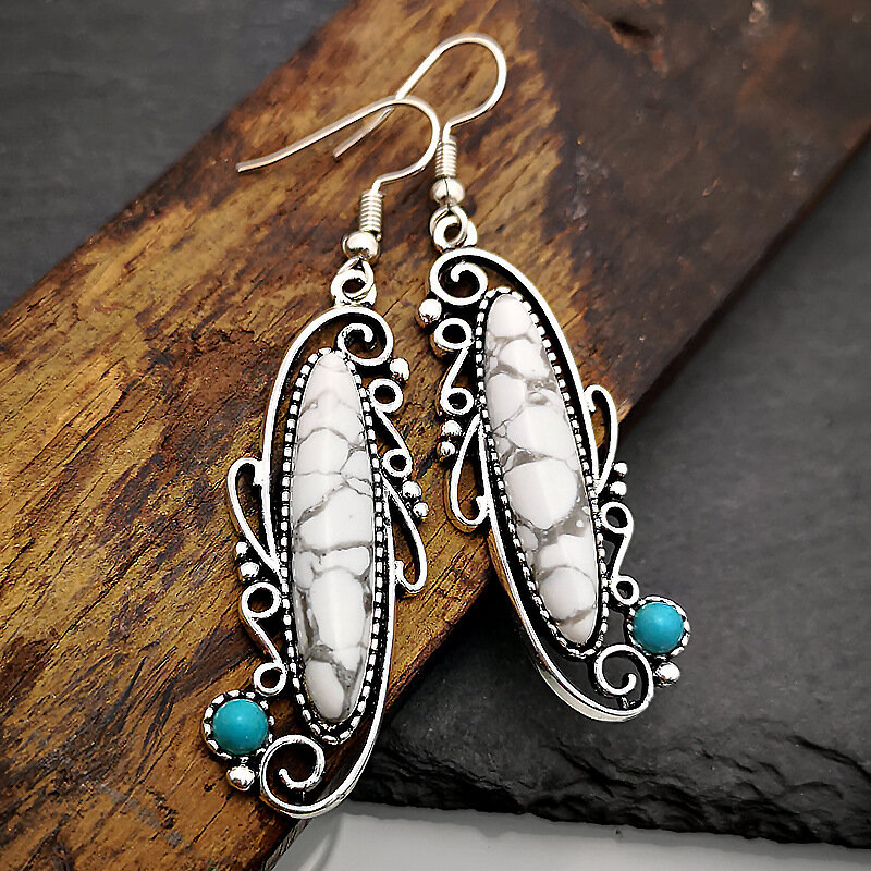 

Vintage 925 Ancient Silver White Turquoise Earrings Metal Irregular Carved Turquoise Earrings