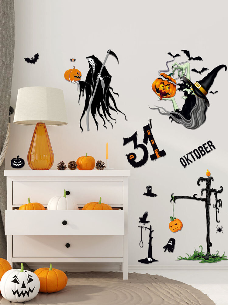 

4PCs Witch Lantern Bat Halloween Series PVC Printing Self-adhesive Home Decor For Bedroom Livingroom Wall Stickers