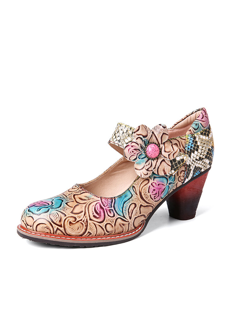 SOCOFY Retro Leather Floral Splicing Snakeskin Round Toe Chunky Heel Pumps