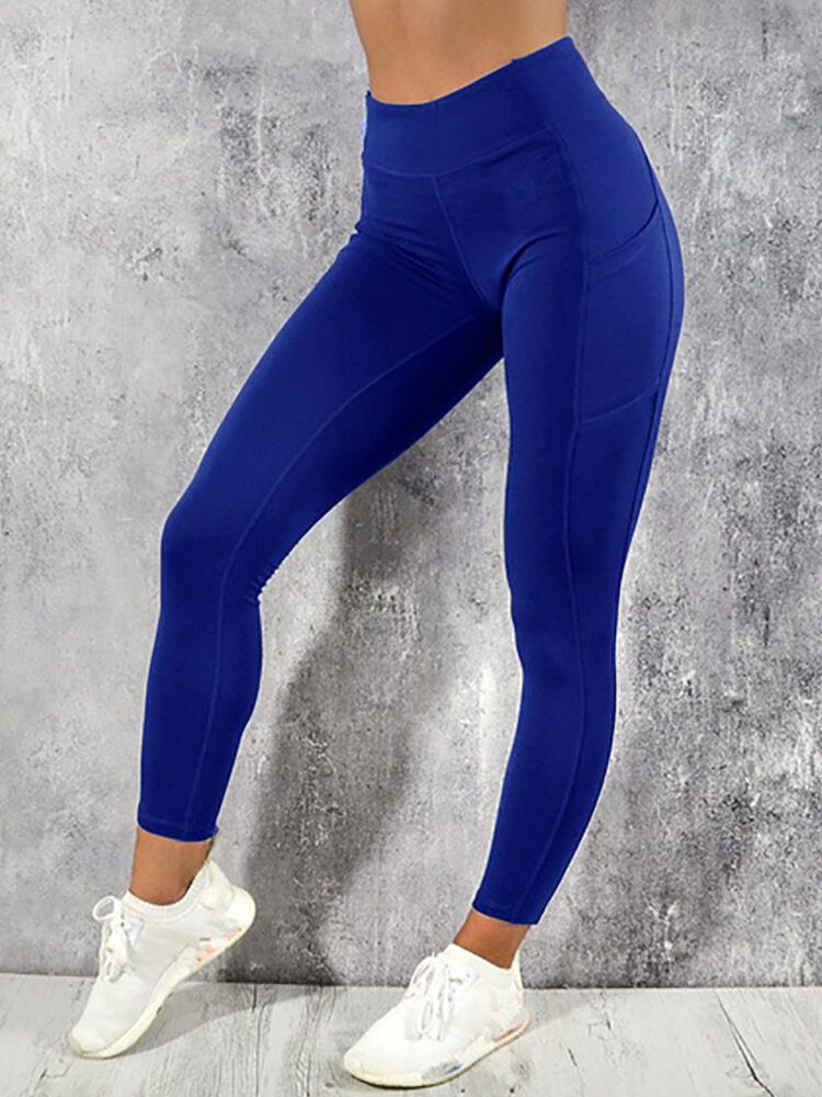 Solid Color Pocket Yoga Sport Bodycon Leggings for Women
