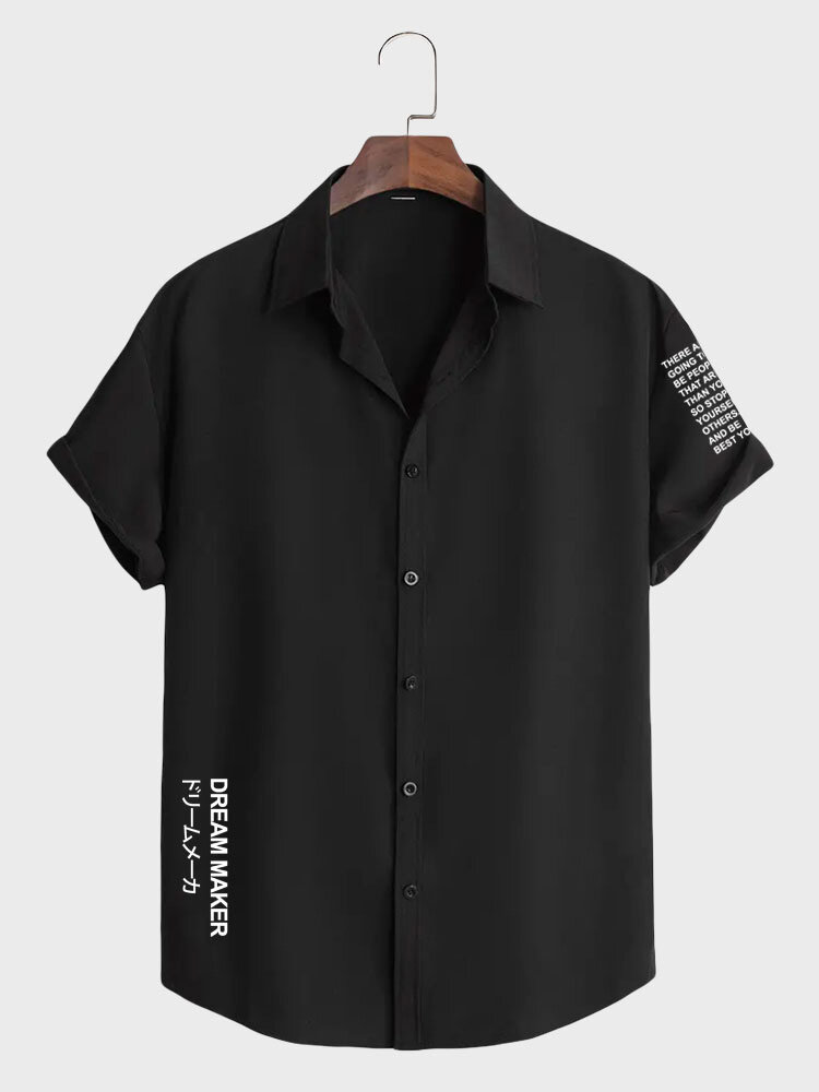 

Mens Japanese Letter Print Lapel Button Up Short Sleeve Shirts, Black