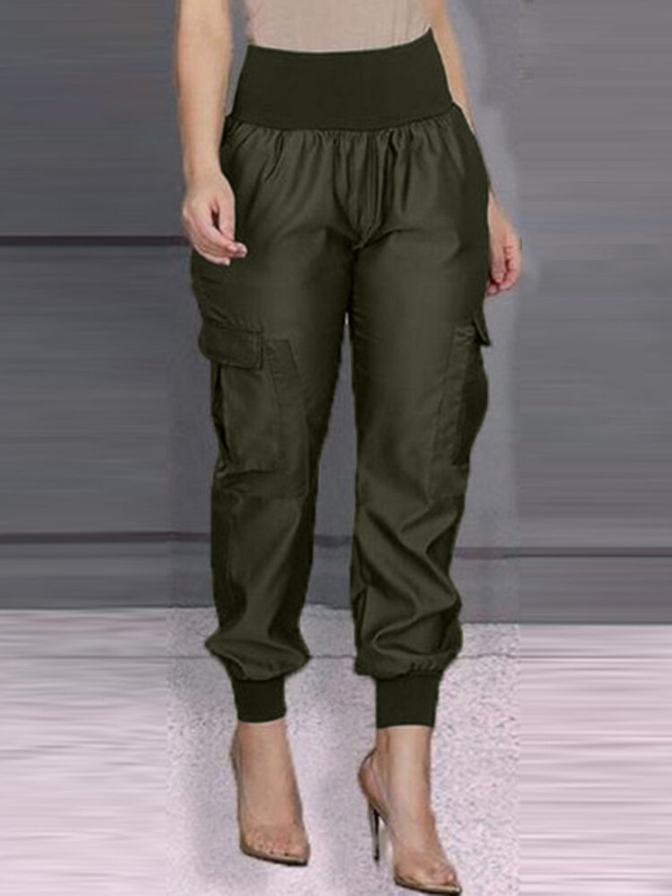 Women Solid High Waist Casual Cargo Pants With Pocket