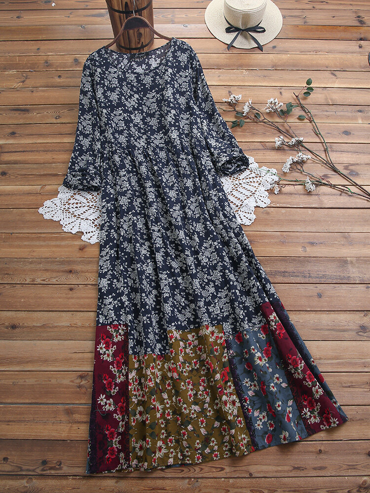 Floral Print Patchwork Pockets Plus Size Maxi Dress