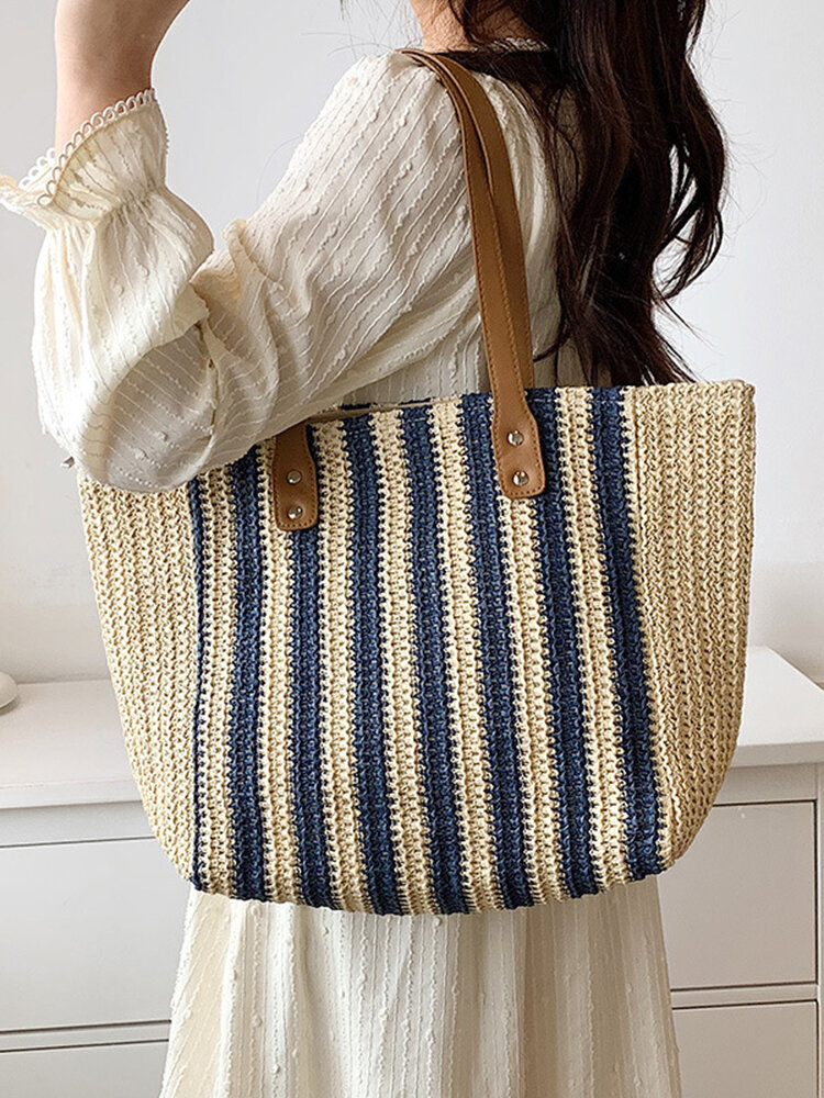 

JOSEKO Women's Straw Striped Beach Handbag Fashion Casual Shoulder Tote Bag, Blue;brown