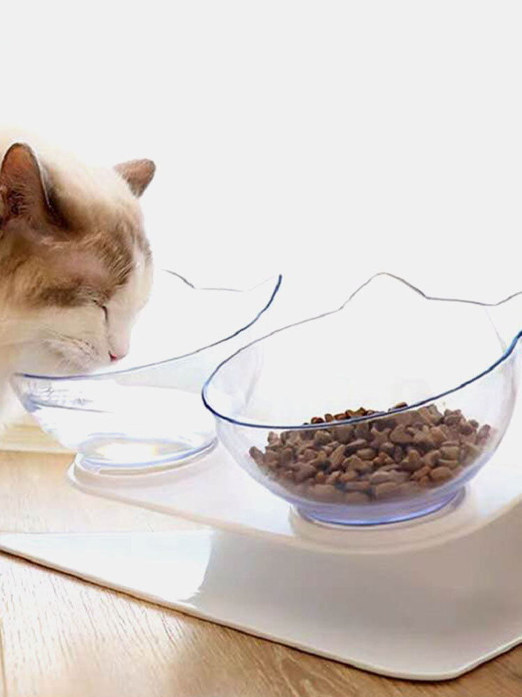 وعاء مزدوج للقطط مع حامل مرتفع ، مغذيات قطط مائلة بزاوية 15 درجة ، أوعية طعام وماء ، لتقليل آلام الرقبة للقطط والكلاب الصغيرة