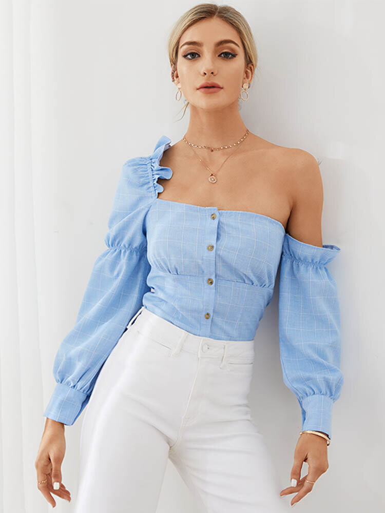 Check Backless Ruffle Irregular One Shoulder Button Blouse