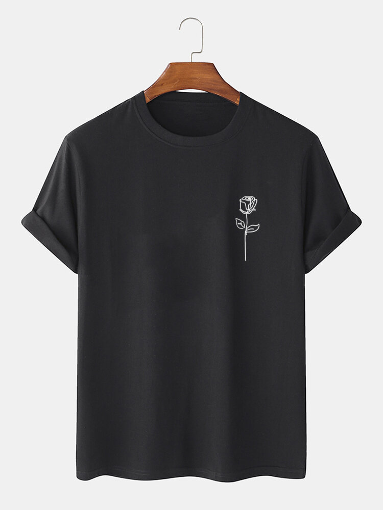 Mens Simple Rose Print Street Short Sleeve 100% Cotton T-Shirt
