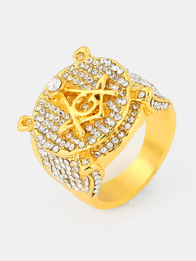 

Trendy Luxury Engraved Letters Full Rhinestones Geometric Seal-shaped Alloy Ring, Gold