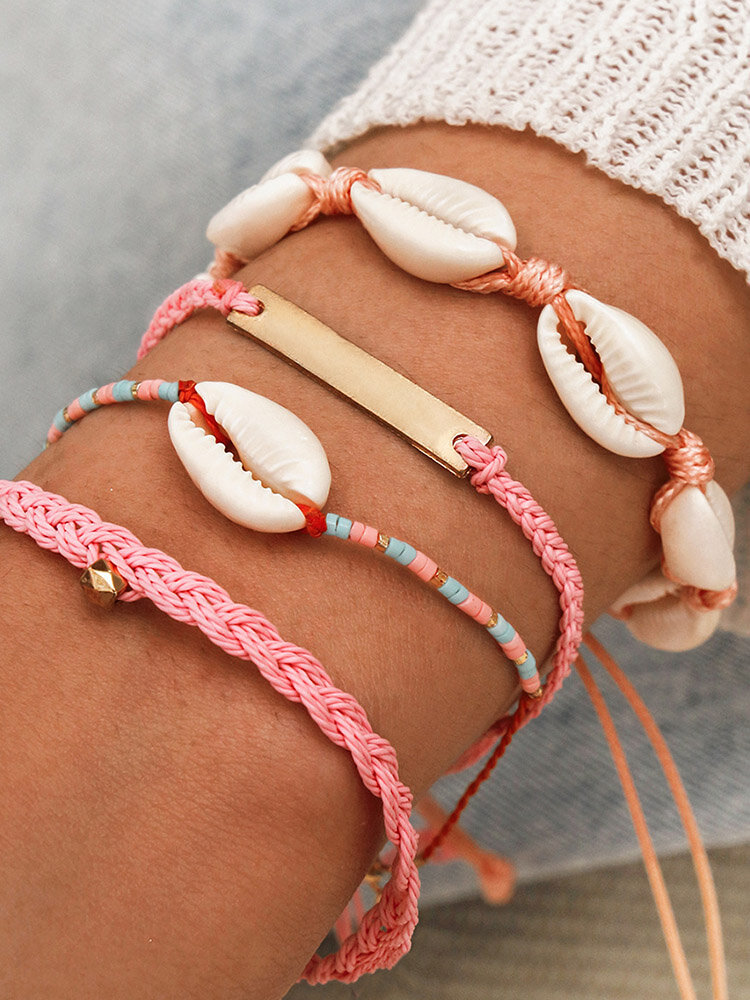 

Bohemian Natural Shell Rice Beads Hand-woven Bracelet Geometric Rectangle Pendant Multi-layer Bracelet, Pink