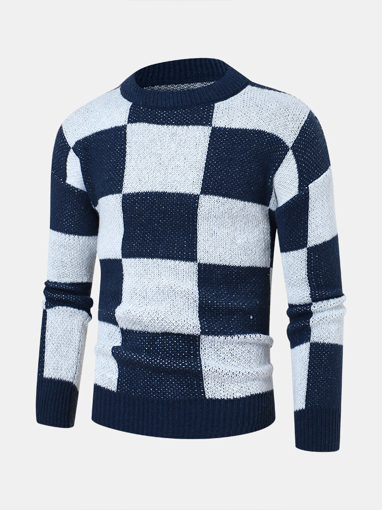 Mens Checkered Crew Neck Preppy Loose Knit Pullover Sweaters