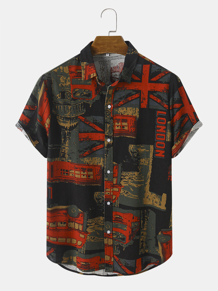 Mens All Over London Attractions Print Vintage Short Sleeve Shirts