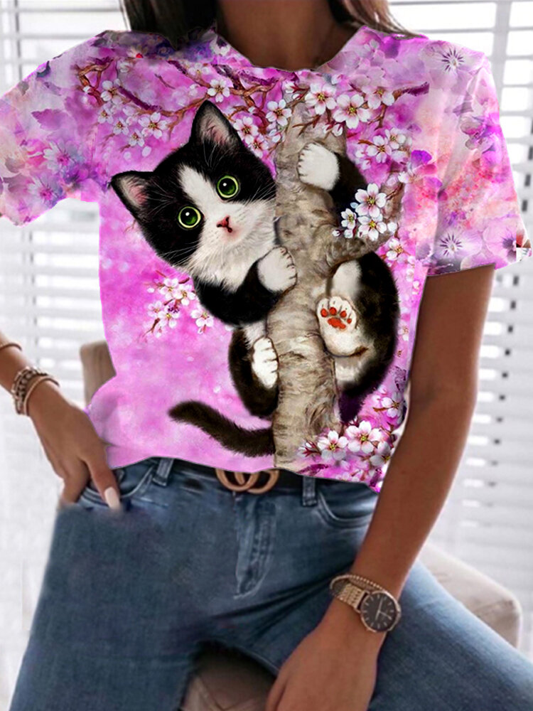 Cute Cat Floral Print Crew Neck Short Sleeve T-Shirt