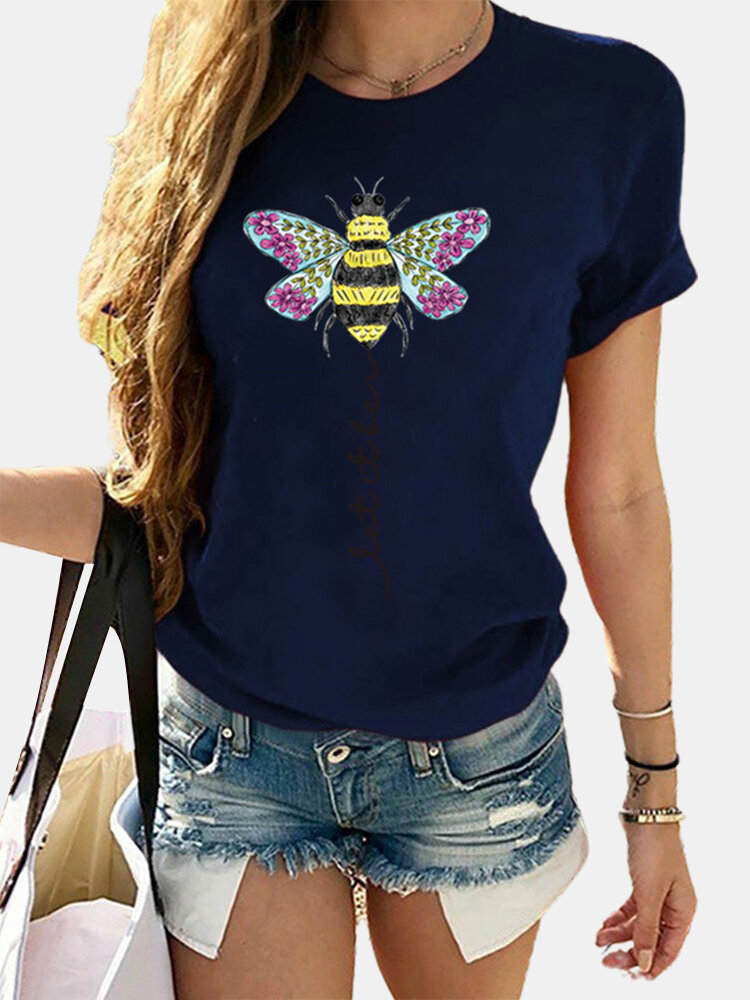 Bee Letter Print Short Sleeve O-neck Casual T-shirt For Women