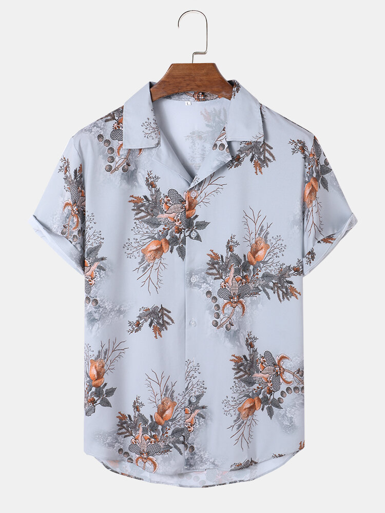 Mens Plant Flower Print Revere Collar Short Sleeve Holiday Shirts