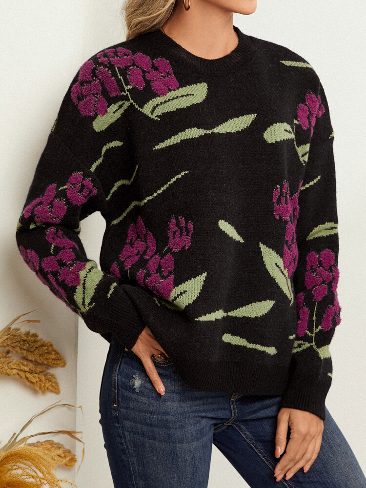 Plants Jacquard Long Sleeve O-neck Knit Pullover Sweater