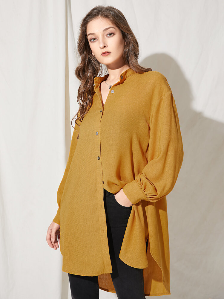Solid Buttton Stand Collar Long Sleeve Loose Blouse