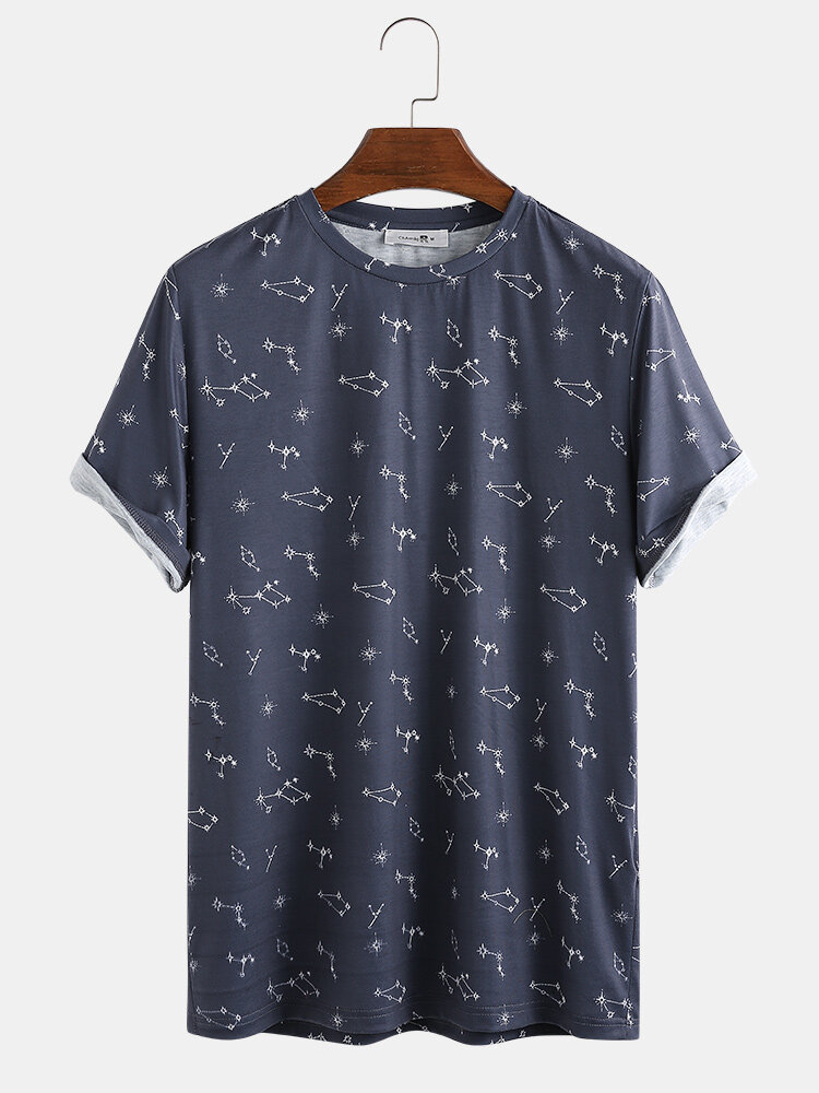 Mens Designer Constellations Starry Overall Printed Casual Short Sleeve Shirt