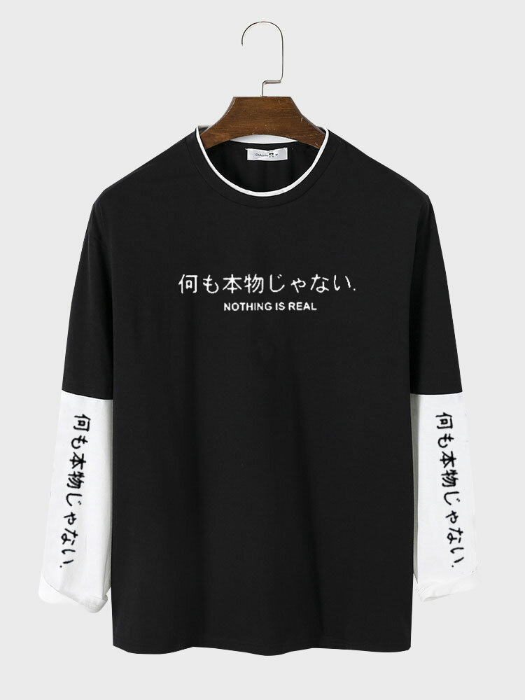 

Mens Japanese Slogan Print Contrast Patchwork Long Sleeve T-Shirts, Black