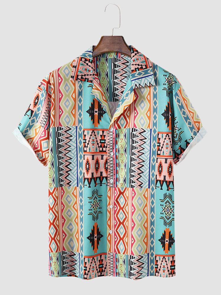 

Mens Colorful Geometric Print Camp Collar Short Sleeve Shirts, Multi color