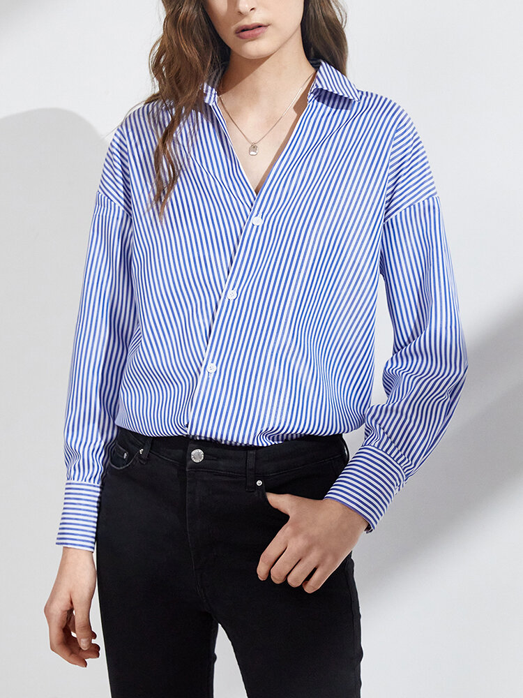 Striped Pattern Lapel Collar Slant Button Women Versatile Blouse