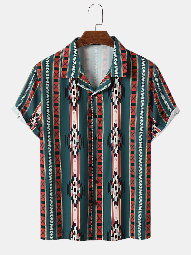 

Mens Ethnic Geometric Print Short Sleeve All Matched Shirts, Green