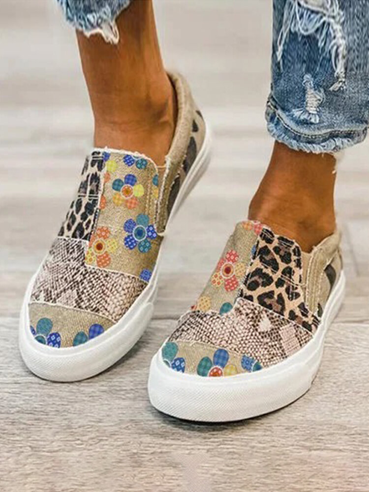 Large Size Leopard Flowers Printing Cloth Splicing Slip on Skate Shoes