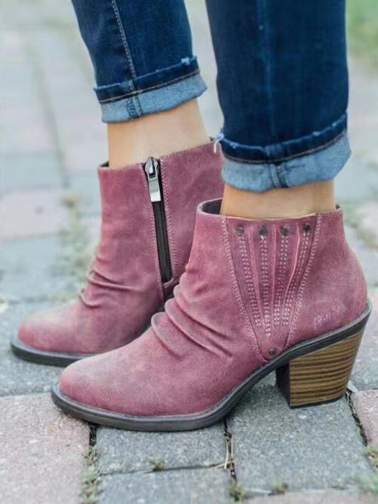 Large Size Women Casual Retro Side-zip Chunky Heel Boots