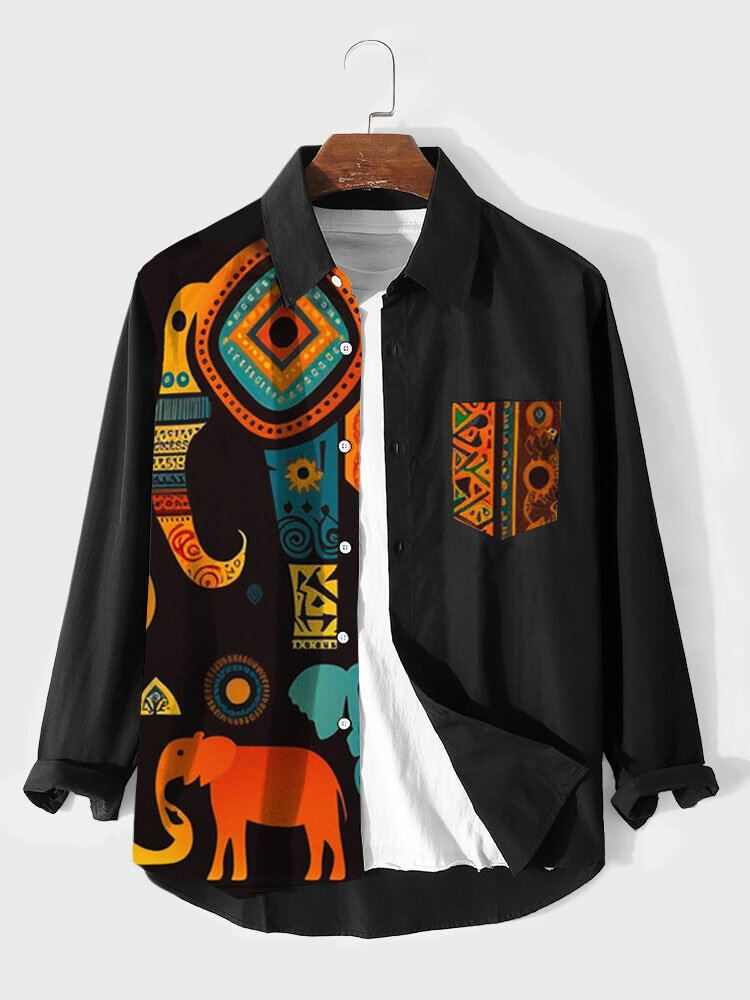 

Mens Ethnic Geometric Elephant Print Patchwork Long Sleeve Shirts, Black