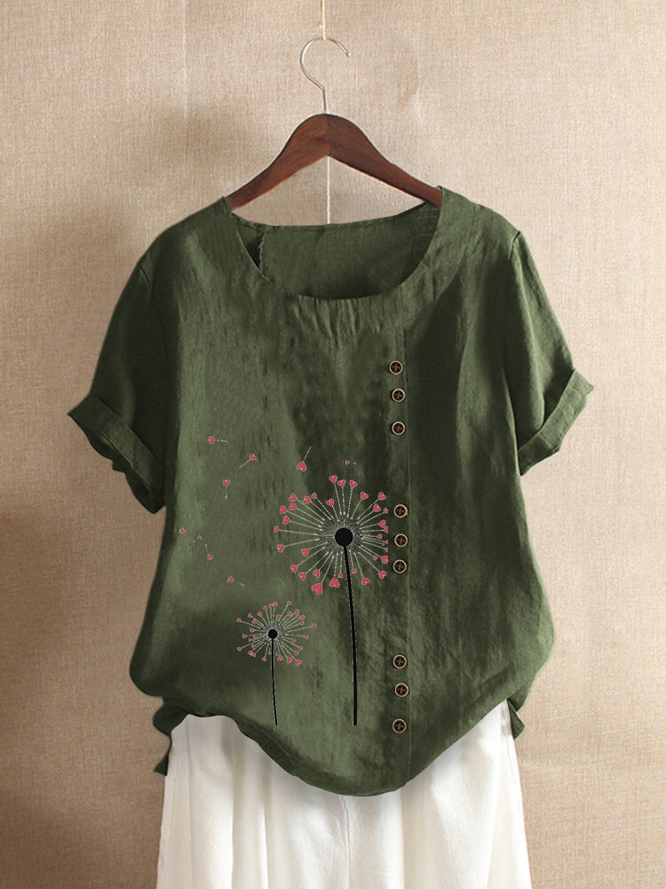 Vintage Printed Short Sleeve O-Neck Overhead Button T-shirt