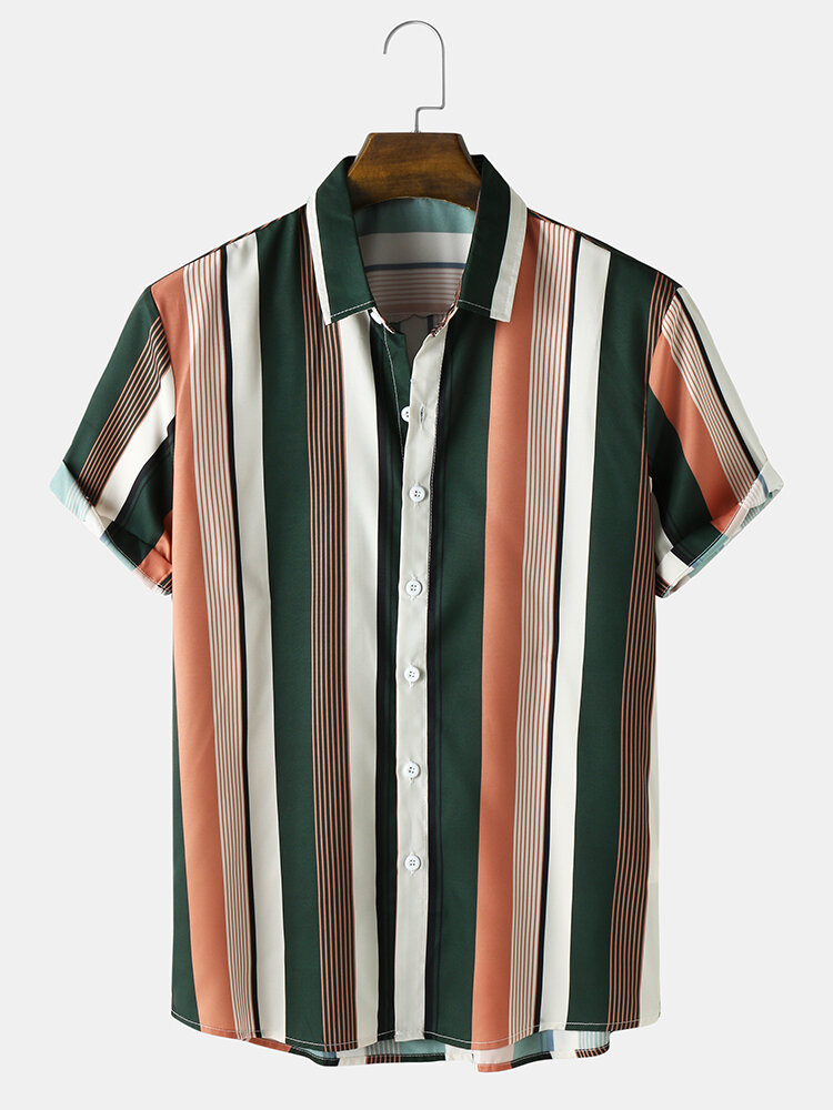 Mens Colorful Striped Button Up Short Sleeve Preppy Shirt