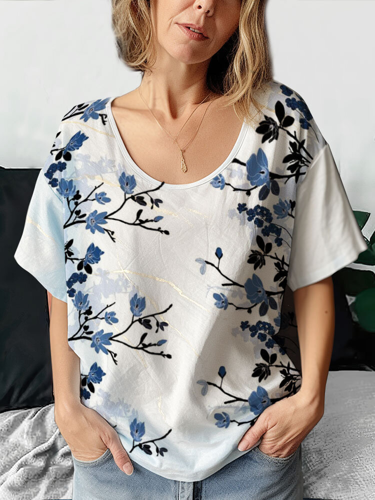 Women Floral Plants Print Texture Short Sleeve T-Shirt