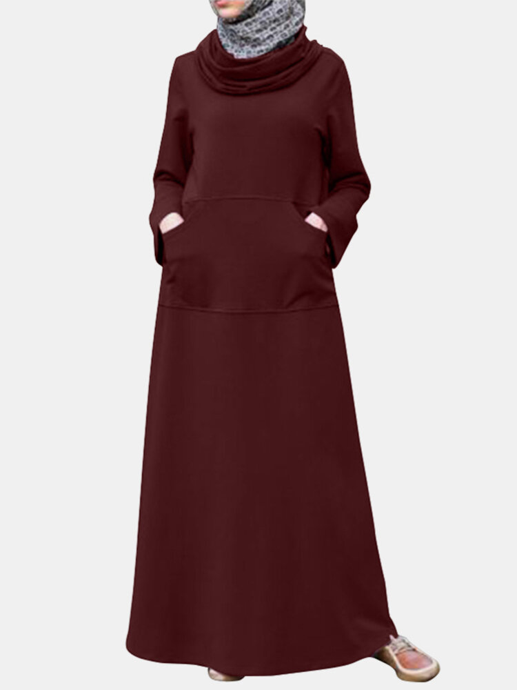 Solid Color Pockets Long Sleeve Casual Maxi Muslim Dress