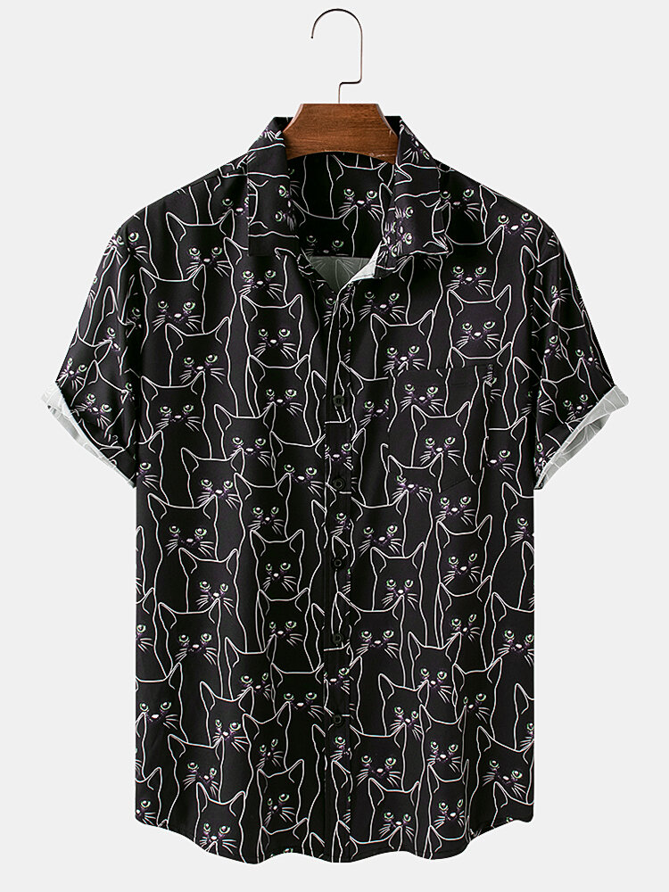 Mens Cute Black Cat Print Breathable & Thin Short Sleeve Shirts