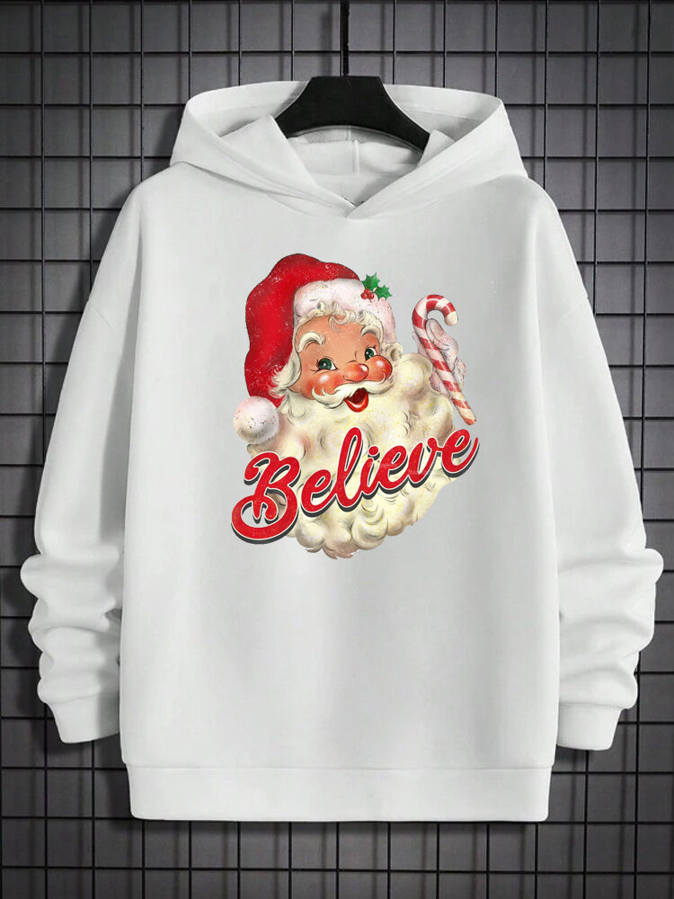 Mens Cute Christmas Santa Claus Print Long Sleeve Hoodies Winter