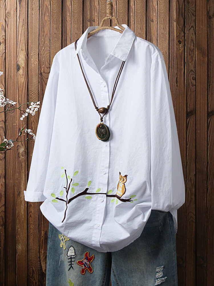 Cartoon Bird Embroidery Lapel Long Sleeve Plus Size Shirt