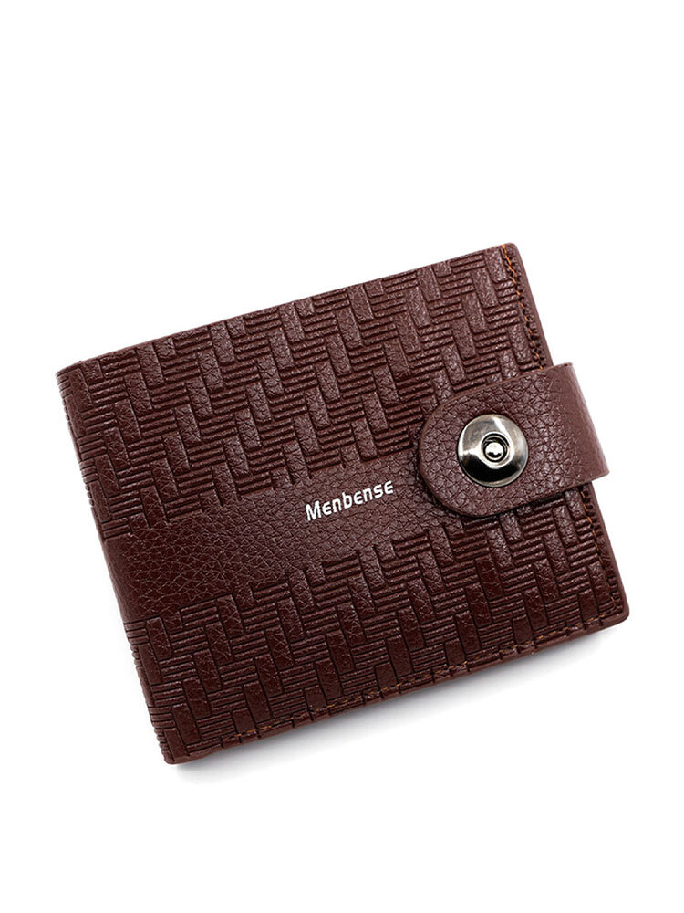 Men Artificial Leather Vintage Embrossed Design Brief Short Wallet Magnet Button Interior Zipper Pocket Slim Purse