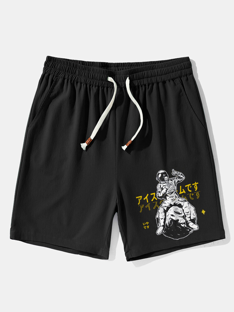 

Mens Astronaut Planet Japanese Print Casual Drawstring Shorts, Black
