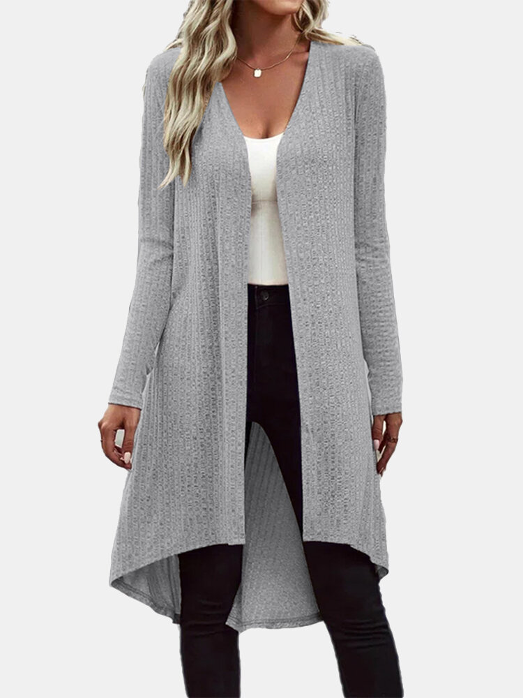 

Solid High-low Long Sleeve Open Front Cardigan, Blue