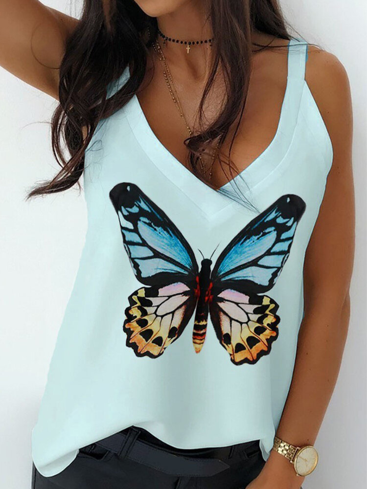 Butterfly Printed V-neck Tank Top For Women
