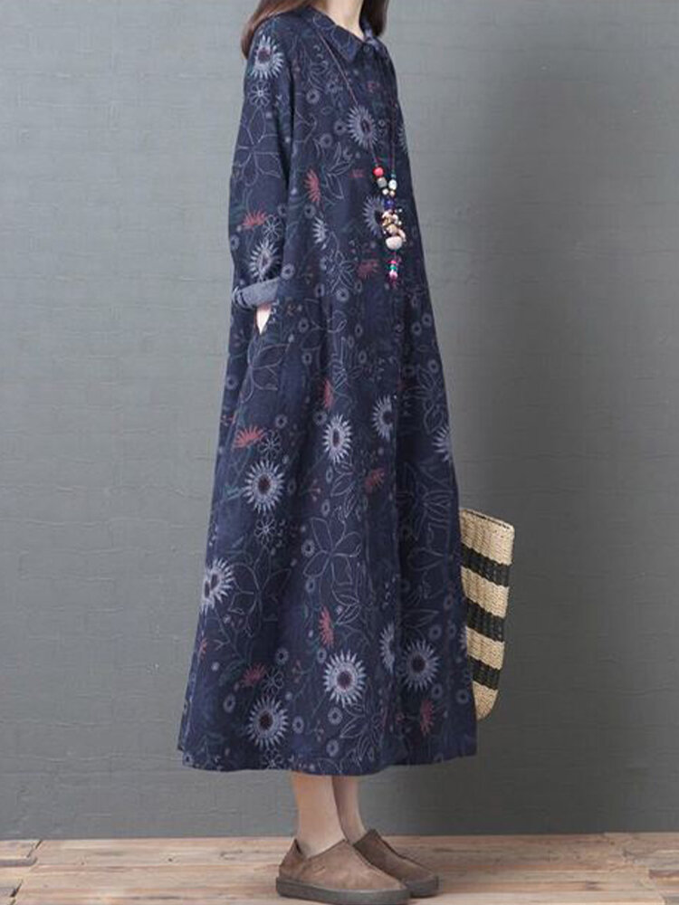 Vintage Floral Print Long Sleeve A-line Lapel Plus Size Dress
