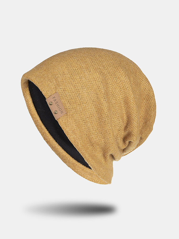 Chapeau unisexe tricoté couleur unie lettre Rivet cuir étiquette chaleur décontracté bonnet