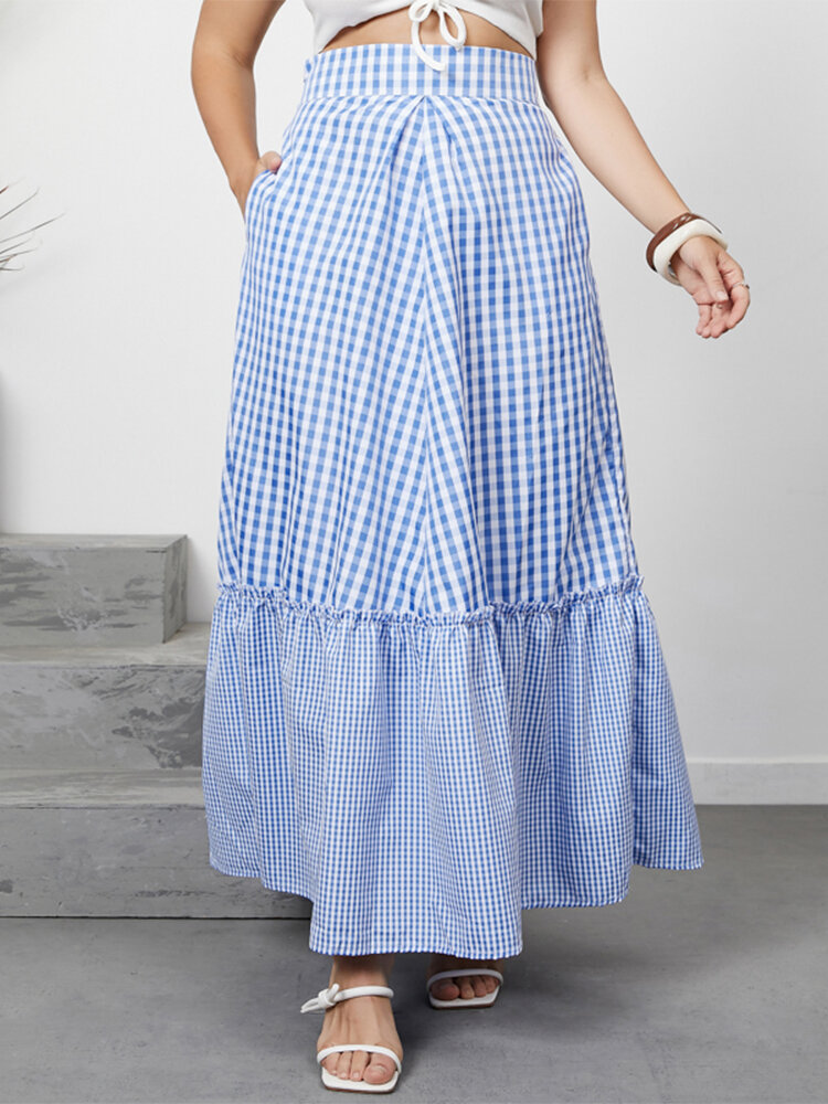 Plaid Print Patchwork High Waist Long Skirt with Pocket