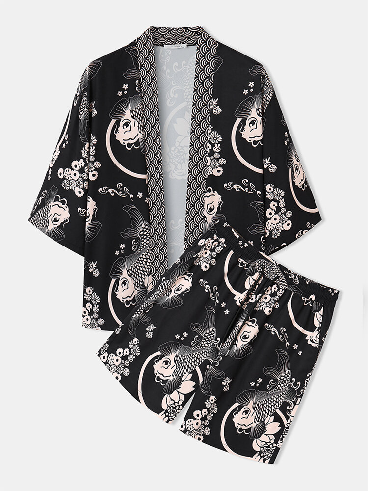 Mens Fish Print Japanese Style Kimono Two Pieces Outfits