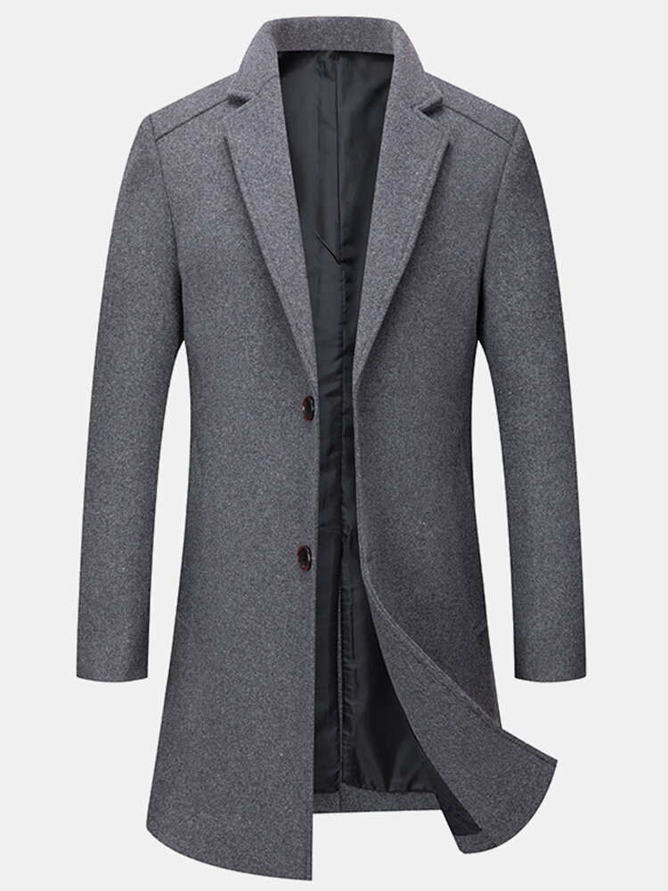 Mens Woolen Solid Business Single-Breasted Windbreaker Mid-Length Overcoat