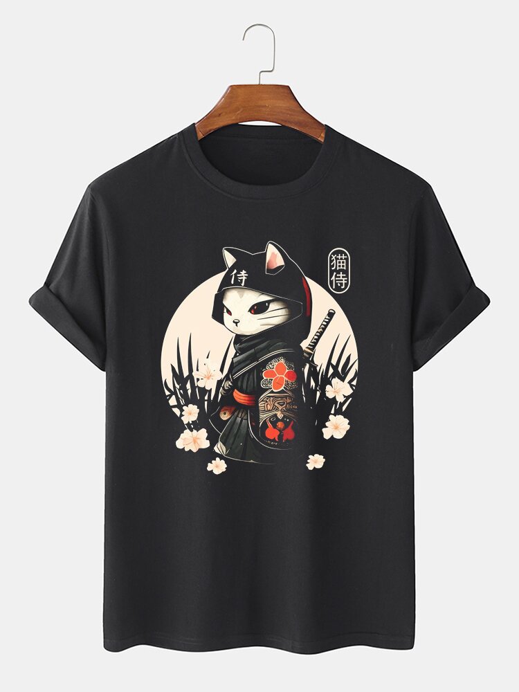 Mens Japanese Warrior Cat Floral Print Crew Neck Short Sleeve T-Shirts Winter