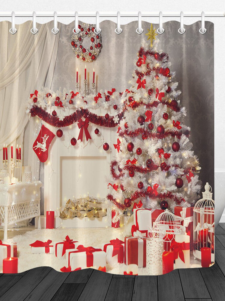 180x180cm Red Christmas Tree Curtain Decorative Waterproof Bathroom Shower Curtain Floormat 