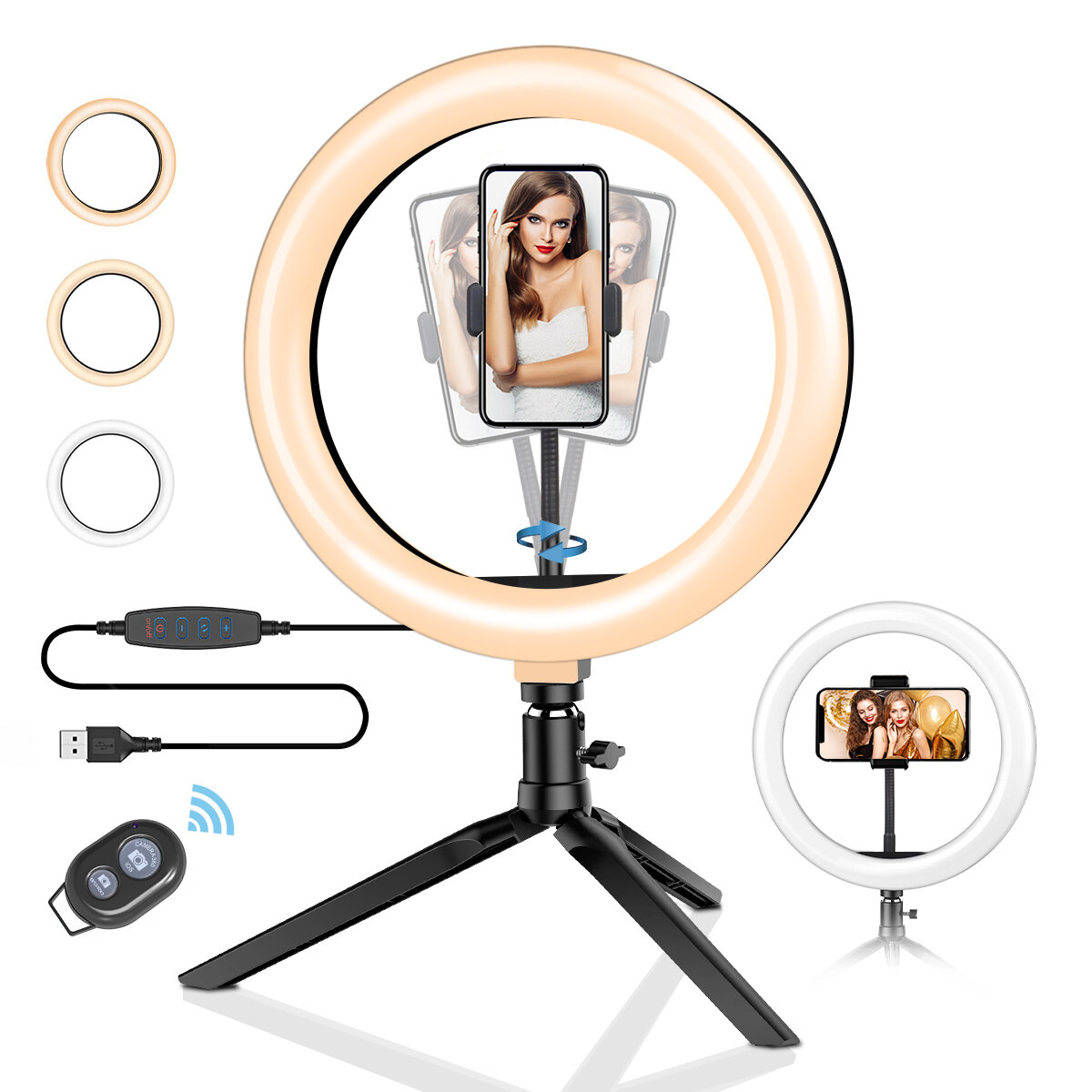 

10Inch Dimmable LED Ring Light Tripod Stand USB Plug for TikTok Youtube Live Stream Makeup with Phone Clip, Black