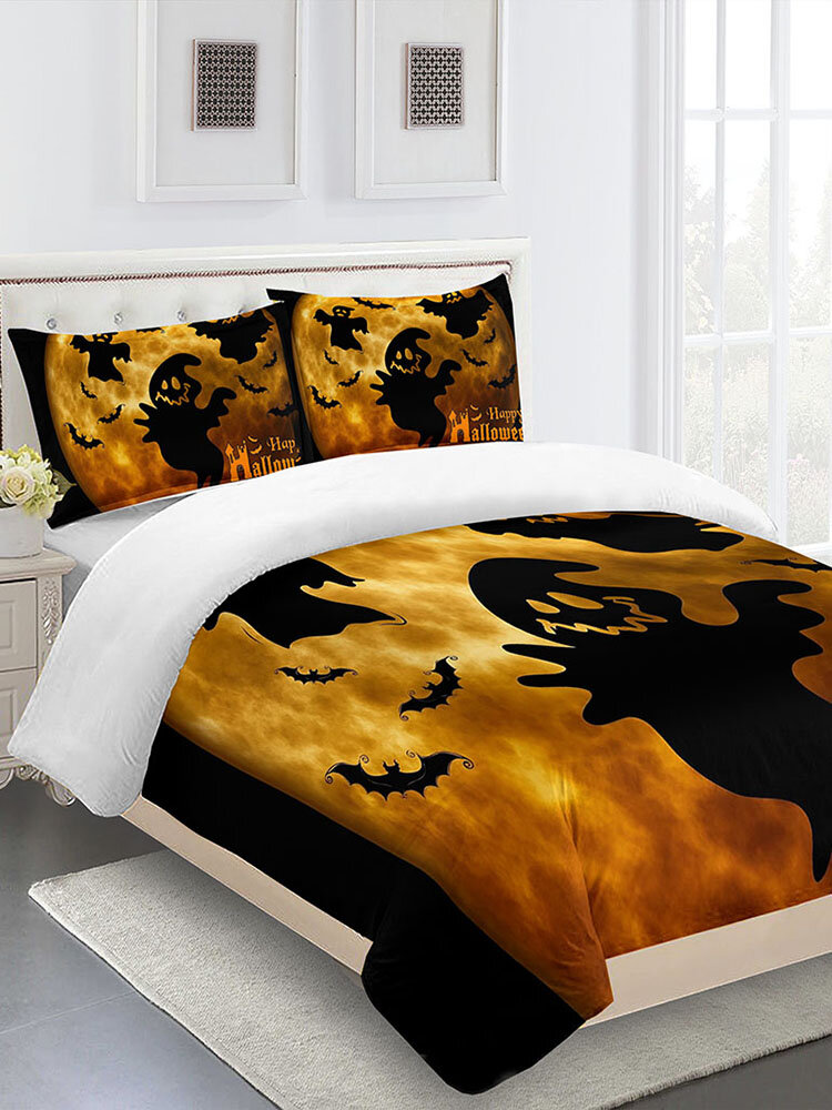 3PCs Polyester Fiber Ghost Bat Halloween Horror Series Bedroom Decoration Bedding Set Cushion Cover Quilt Cover Pillowca