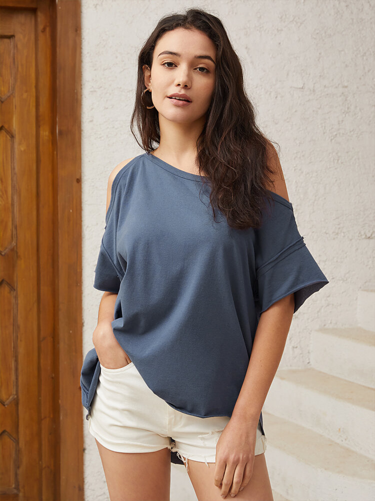 Solid Asymmetrical Cut Out Off Shoulder Short Sleeve Casual T-Shirts